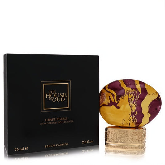 The House of Oud Grape Pearls 2.5 oz perfume. Unique gold & purple marbled bottle, ornate gold base, and elegant black box.