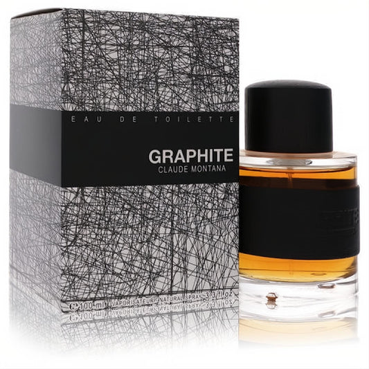 Graphite by Montana 3.4 oz men's Eau De Toilette. Amber liquid in a clear glass bottle with bold black label, beside its unique abstract box.