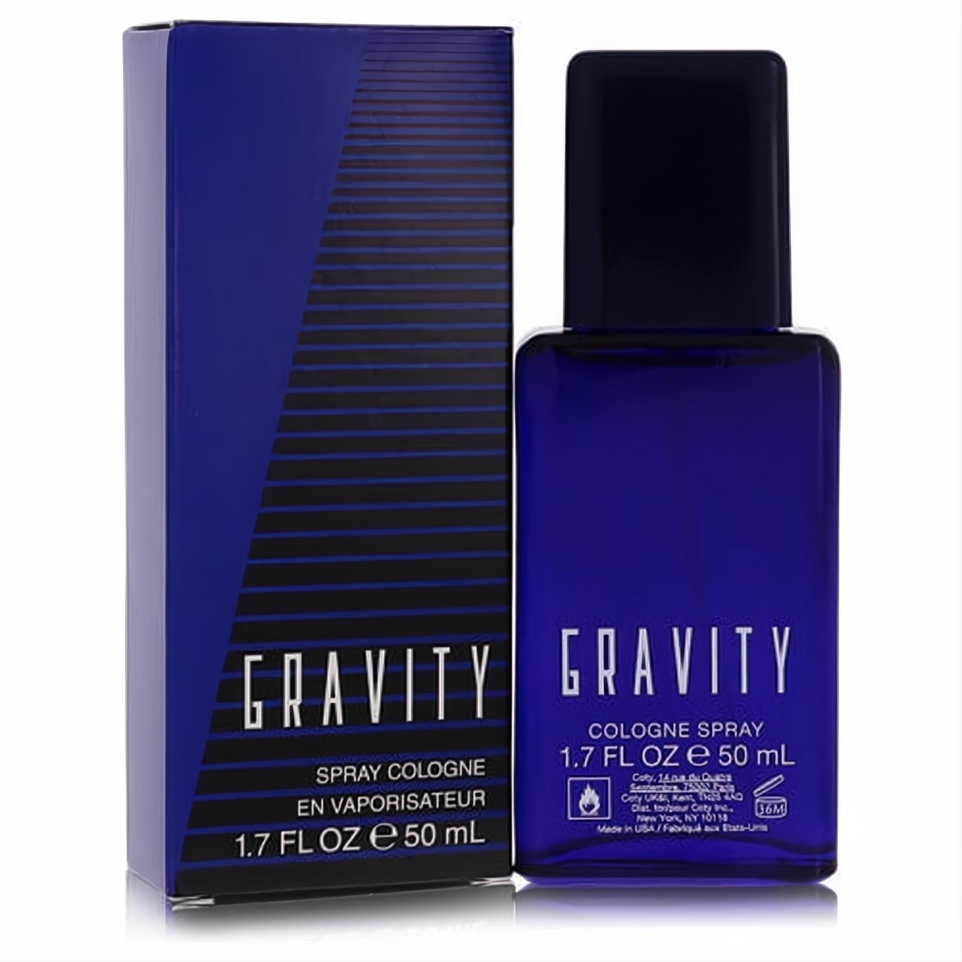 Gravity by Coty men's 1.7 oz cologne spray in a vibrant dark blue glass bottle with a bold black cap, next to its stylish matching box.