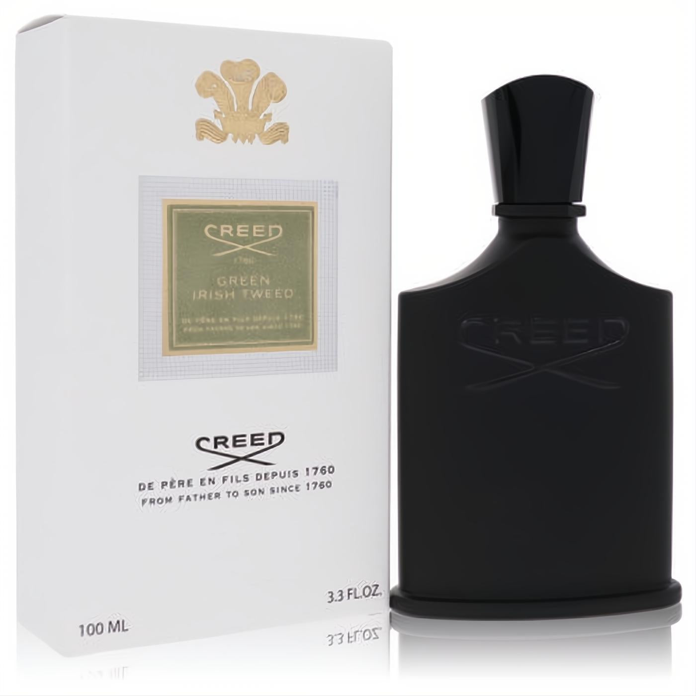 Luxurious black Creed Green Irish Tweed 3.3 oz men's EDP bottle with embossed logo, beside its elegant white box.