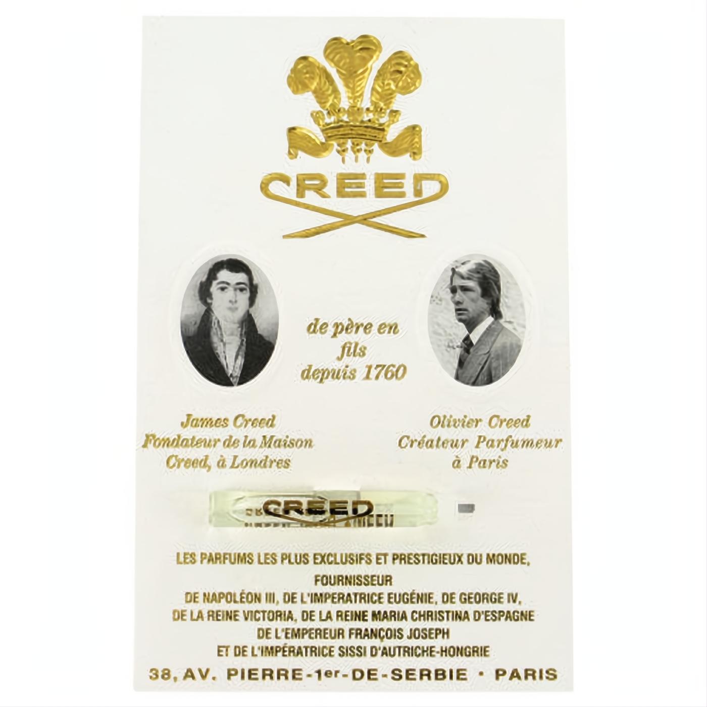 Discover Creed Green Irish Tweed: a .04 oz sample vial on a premium white card with the iconic gold logo and heritage details.