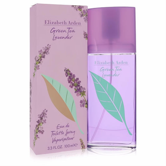 Elizabeth Arden Green Tea Lavender 3.3 oz EDT. Captivating purple glass spray bottle with green leaf design and elegant matching box.