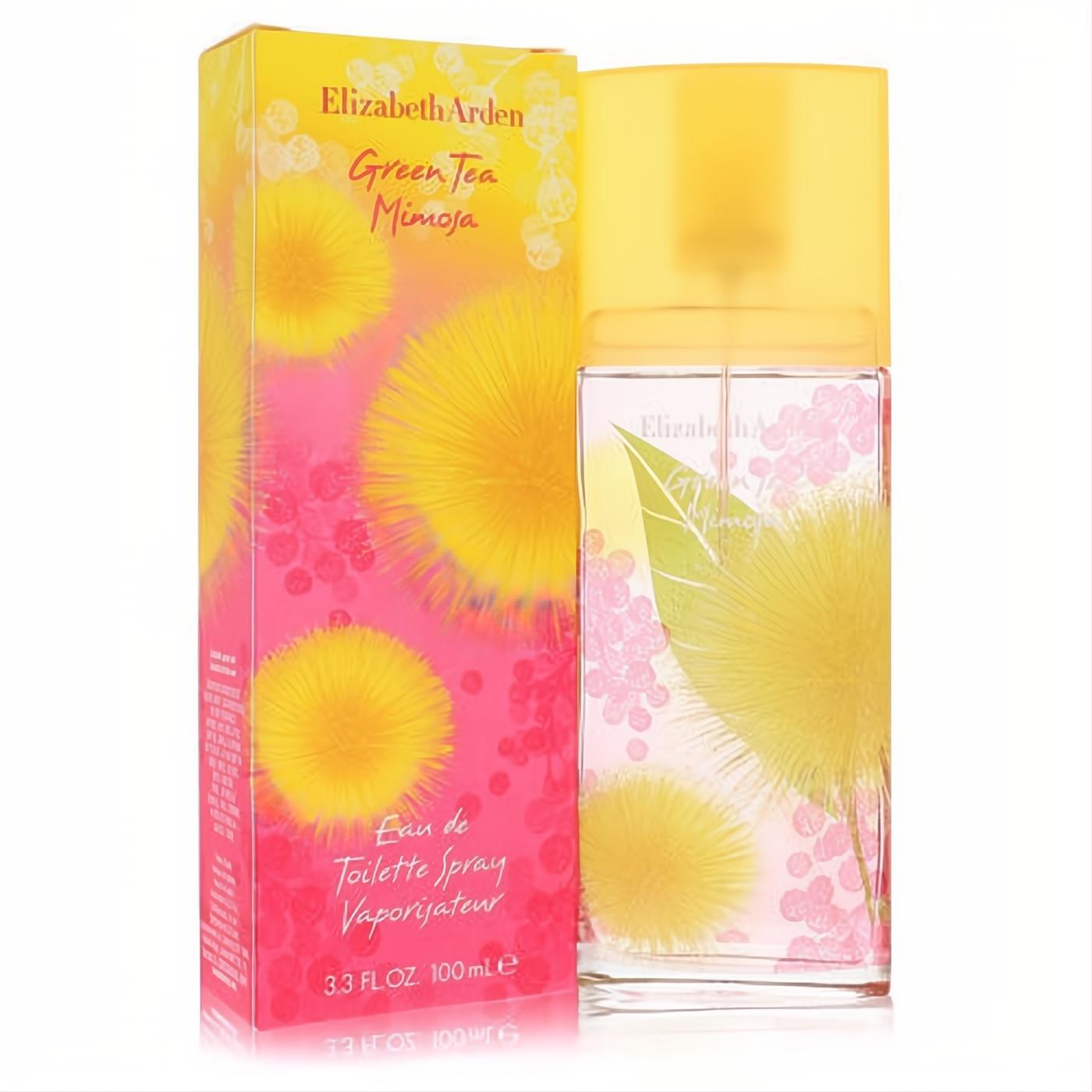 Elizabeth Arden Green Tea Mimosa 3.3 oz EDT spray, clear bottle with vibrant yellow mimosa & pink floral design.