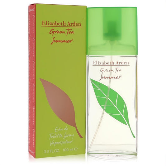Elegant Elizabeth Arden Green Tea Summer 3.3 oz EDT spray, clear bottle with fresh green leaf design and cap, next to its vibrant green box.