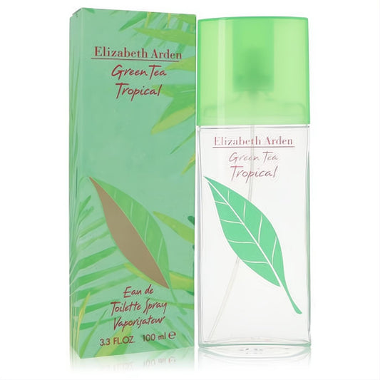 Lush Elizabeth Arden Green Tea Tropical 3.3 oz EDT spray. Clear bottle with vibrant green cap & leaf design, beside its tropical box.