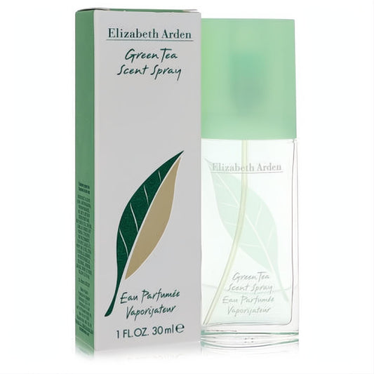 Elizabeth Arden Green Tea 1 oz Eau de Parfum spray, clear bottle with light green cap and leaf design, beside its fresh green box.