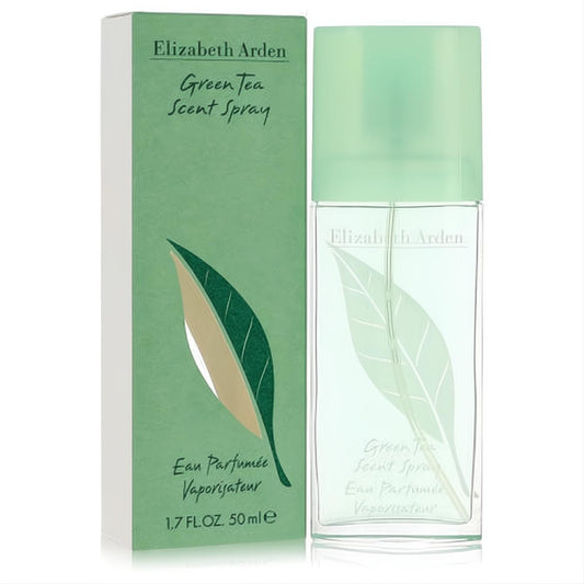 Elizabeth Arden Green Tea 1.7 oz Eau Parfumee Scent Spray. Refreshing clear glass bottle with green cap and elegant leaf-motif box.