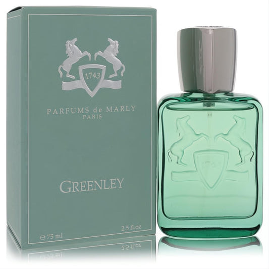 Luxurious Greenley by Parfums De Marly 2.5 oz EDP spray in an elegant green glass bottle with embossed horse crest and matching box.