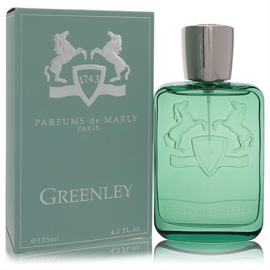 Discover Greenley by Parfums De Marly 4.2 oz unisex EDP. Vibrant green bottle, silver cap, embossed crest, and elegant matching box.