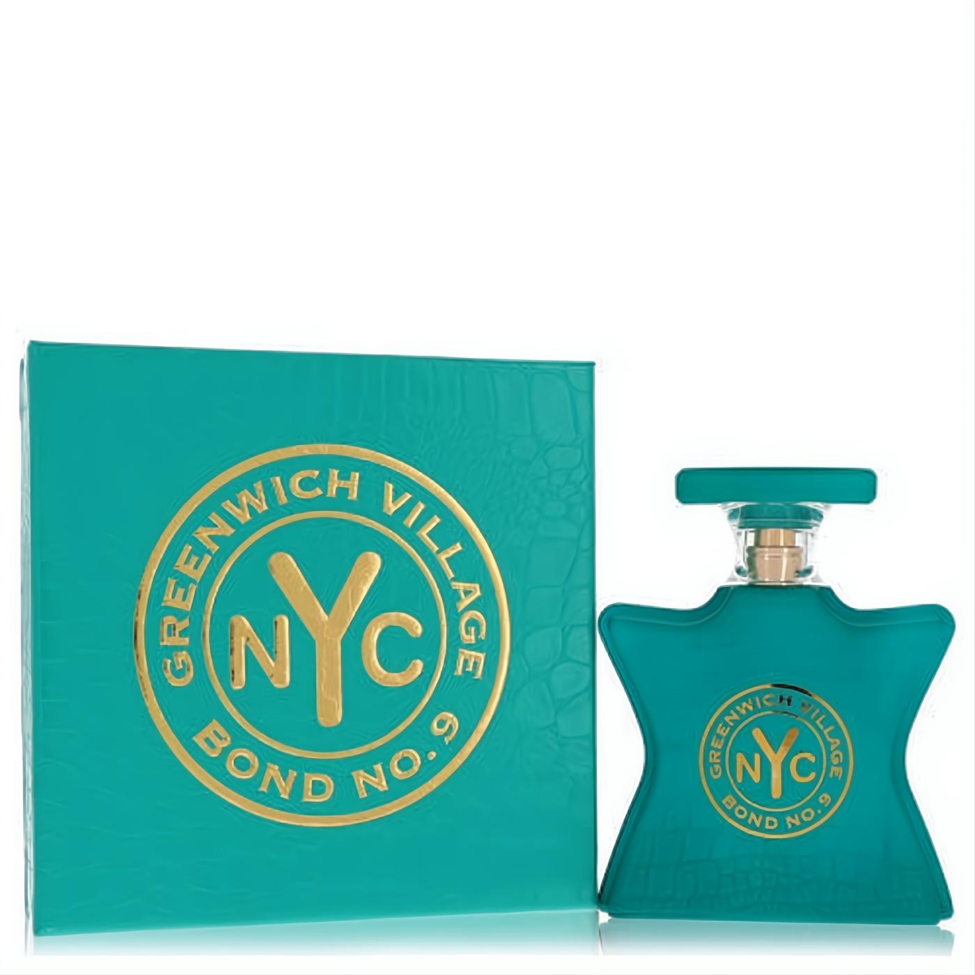 Greenwich Village Bond No. 9 3.4 oz EDP. Vibrant teal star-shaped bottle and textured box with iconic gold NYC label.