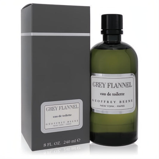 Discover Grey Flannel by Geoffrey Beene 8 oz EDT. Iconic olive green bottle with black cap and stylish grey box.