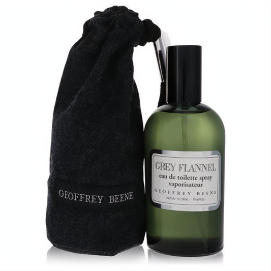 Sophisticated Grey Flannel 4 oz eau de toilette in a sleek green glass spray bottle, presented with its signature dark grey flannel pouch.