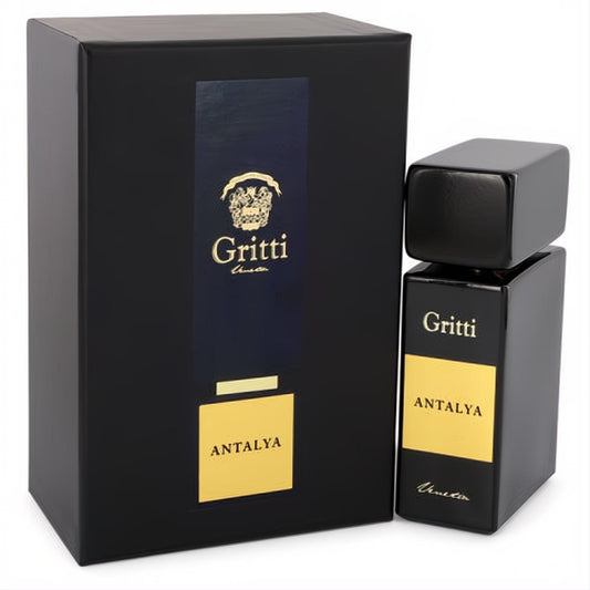 Gritti Antalya 3.4 oz unisex Eau De Parfum. Sleek black bottle with gold label and matching elegant black box.