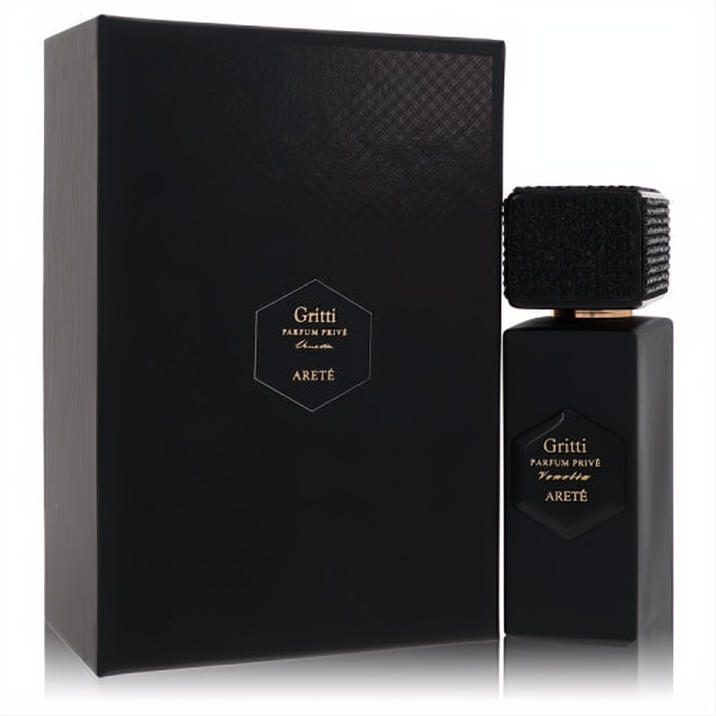 Gritti Arete Prive unisex EDP. Elegant matte black bottle, textured cap, gold accents, and matching luxury presentation box.