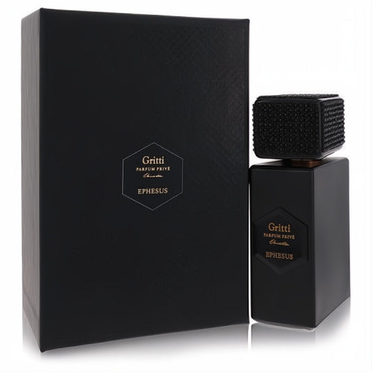 Luxurious Gritti Ephesus Prive unisex EDP 3.4 oz in a matte black bottle with gold label and textured cap, next to its box.