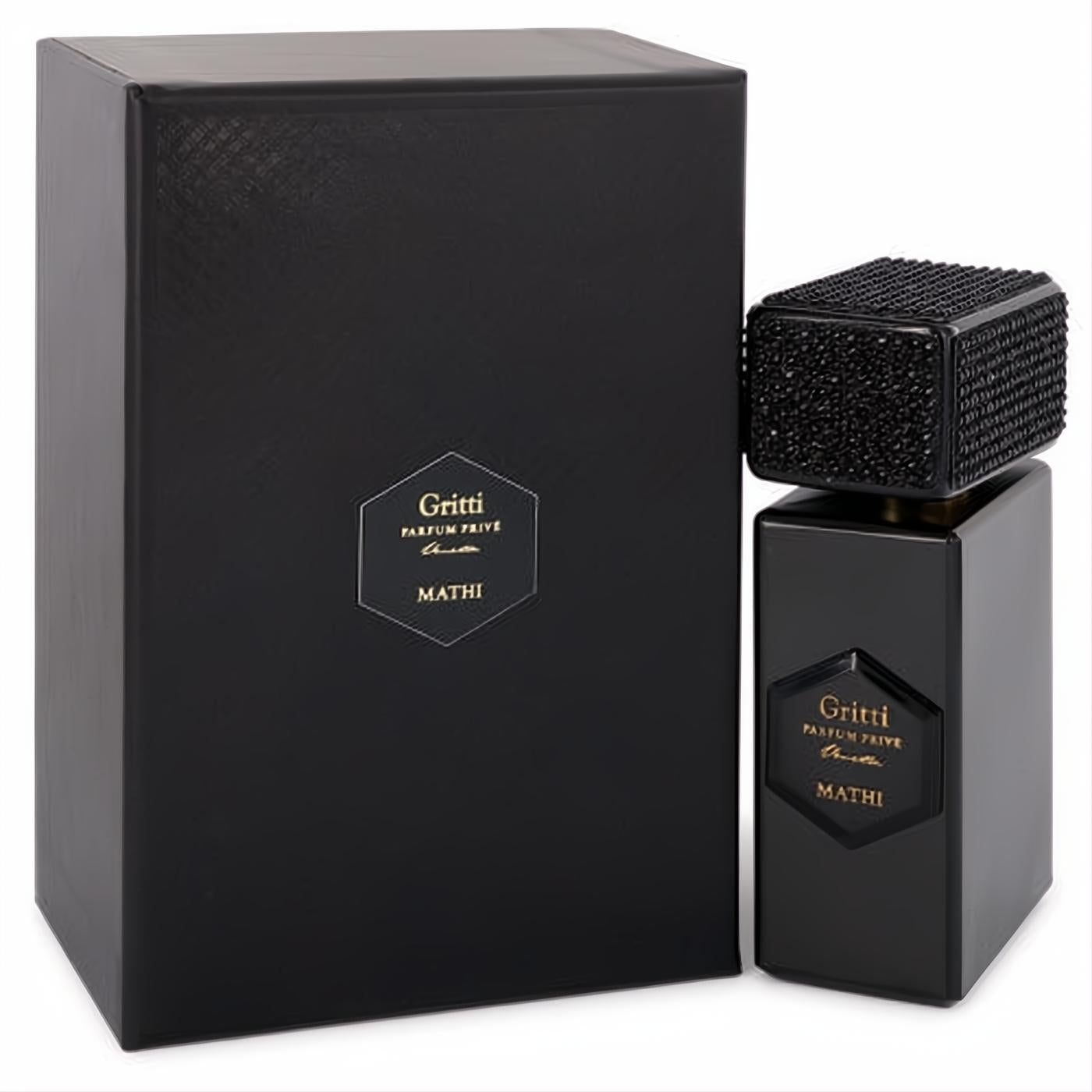 Gritti Mathi Prive 3.4 oz unisex EDP. Luxurious black bottle with a unique studded cap and elegant matching box.