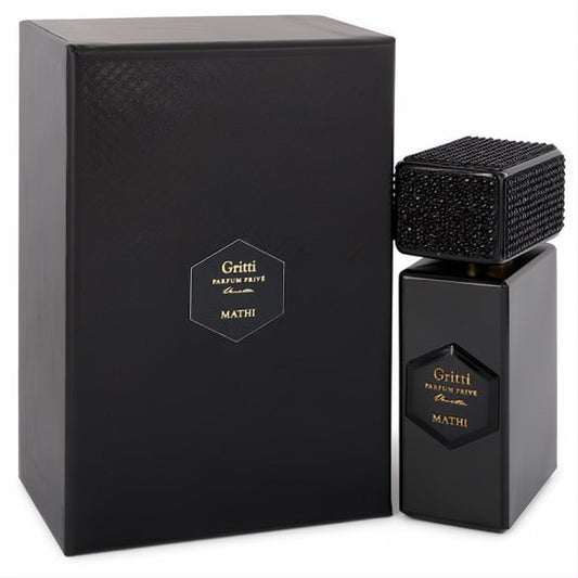 Gritti Mathi Prive 3.4 oz unisex EDP. Luxurious black bottle with a unique studded cap and elegant matching box.
