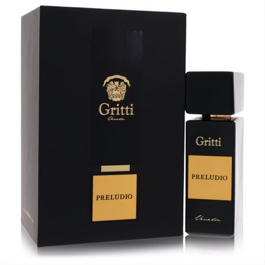 Luxurious Gritti Preludio unisex EDP spray. Sleek black glass bottle with gold label and cap, beside its matching box.