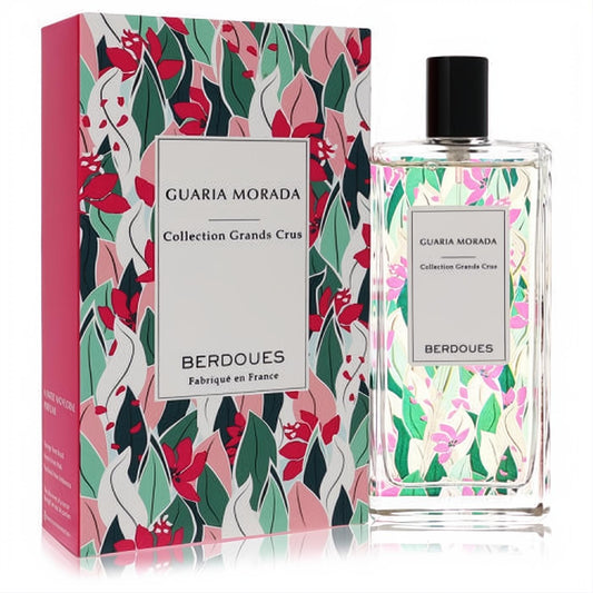 Guaria Morada Berdoues 3.38 oz EDP spray. Elegant clear glass bottle, black cap, and vibrant pink floral box.