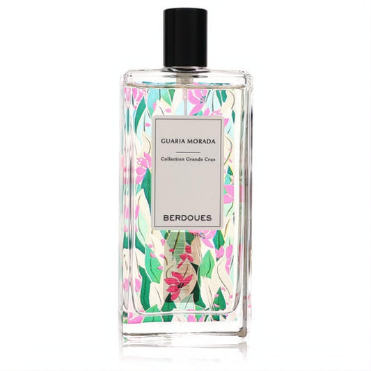 Elegant Guaria Morada Berdoues 3.38 oz women's EDP tester. Clear glass bottle with vibrant pink and green floral design, sleek black cap.