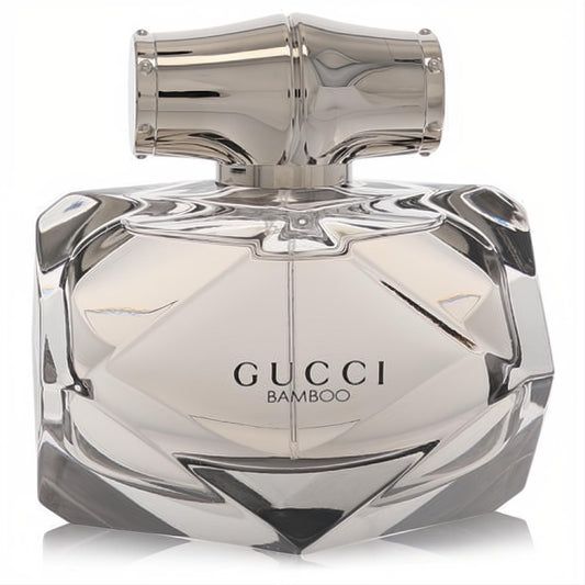 Gucci Bamboo 2.5 oz EDP tester. Stunning clear faceted glass bottle with a sleek, reflective silver bamboo-textured cap.