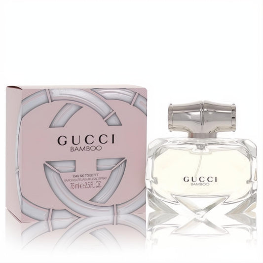 Experience Gucci Bamboo 2.5 oz EDT. Elegant faceted clear bottle with silver bamboo cap, next to its iconic pink box.