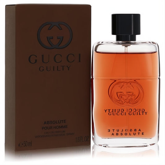 Gucci Guilty Absolute 1.6 oz men's EDP. Clear bottle with warm amber liquid, black cap, and brown box featuring the iconic GG logo.
