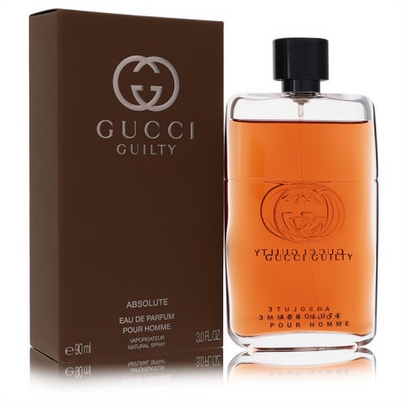 Luxurious Gucci Guilty Absolute 3 oz men's Eau de Parfum spray. Amber liquid in a clear glass bottle with black cap, beside its brown branded box.