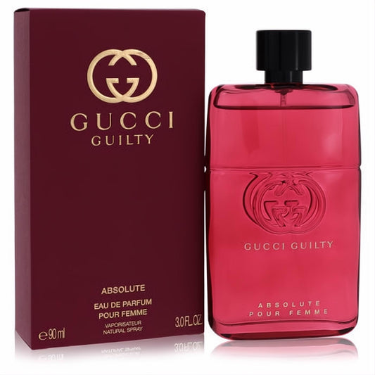 Luxurious Gucci Guilty Absolute 3 oz Eau De Parfum for women, in a bold deep red glass bottle and matching box with elegant gold branding.