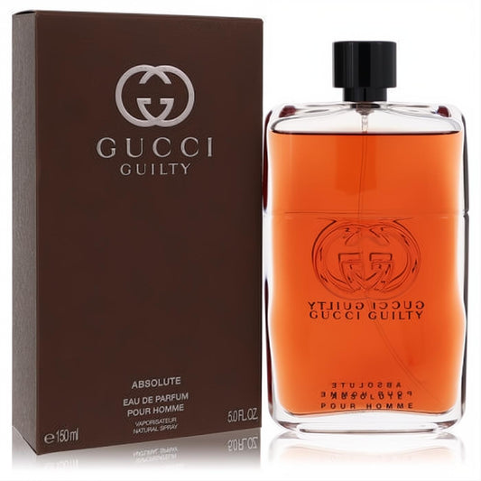 Luxurious Gucci Guilty Absolute 5 oz men's EDP, featuring amber liquid in a sleek clear bottle with black cap, beside its dark brown box.