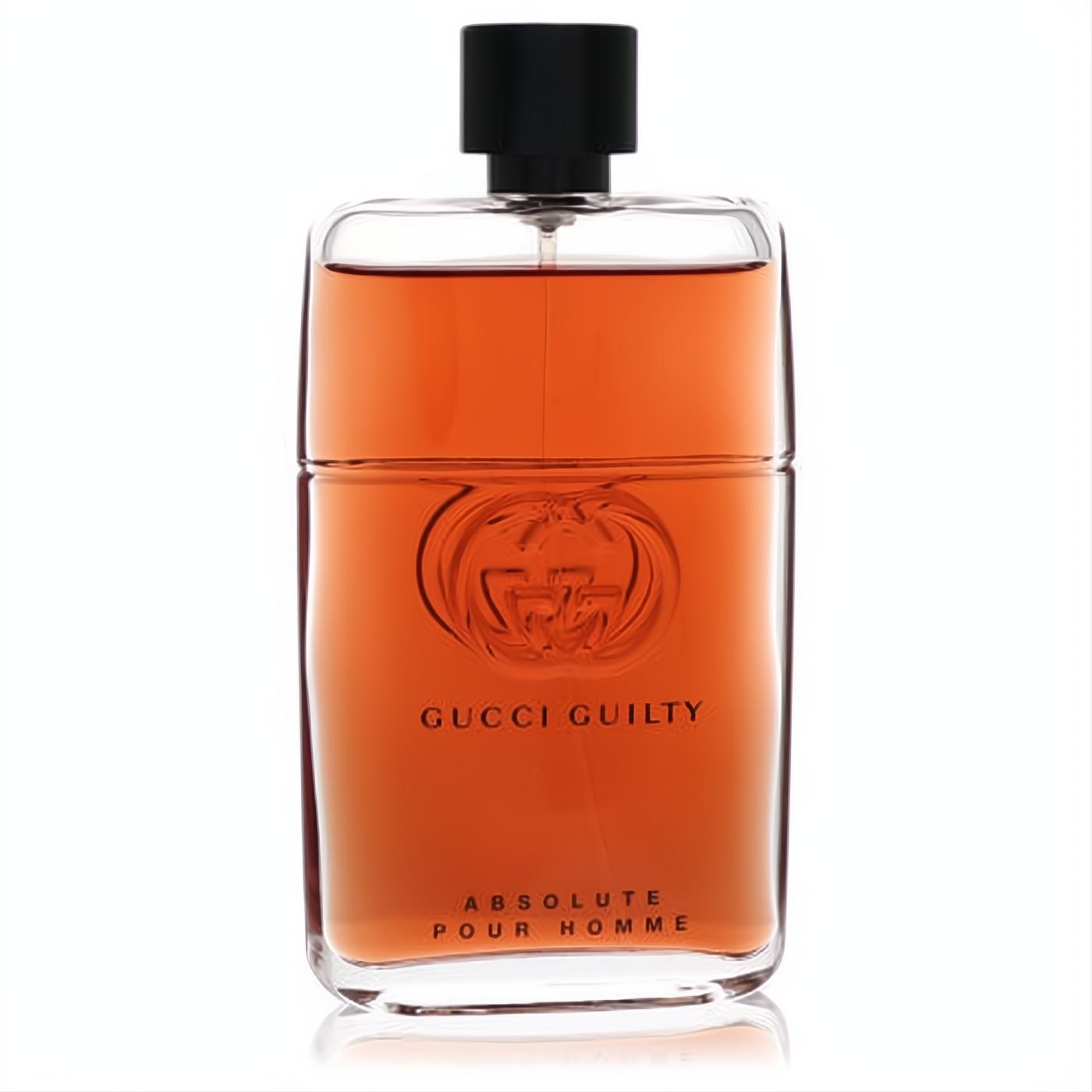 Gucci Guilty Absolute men's cologne. Luxurious glass bottle, deep amber liquid, iconic GG logo.
