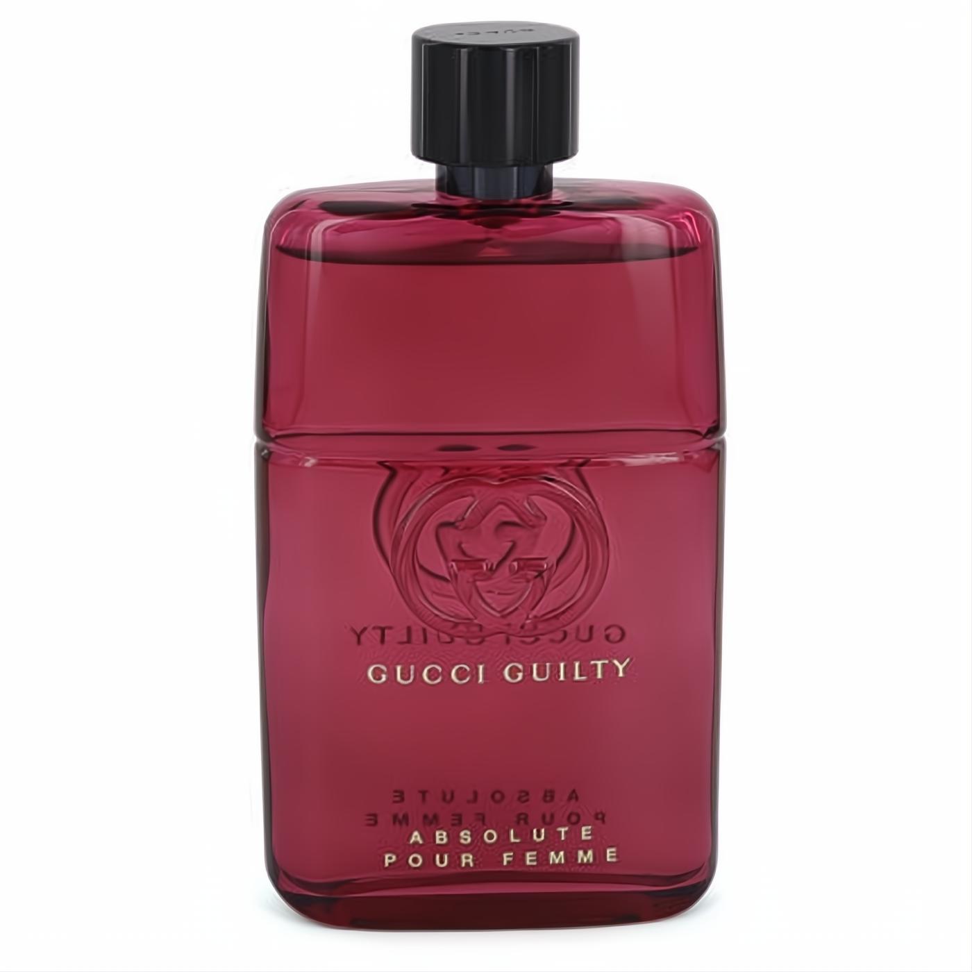 Elegant Gucci Guilty Absolute 3 oz women's fragrance tester. Rich red glass bottle, black cap, and signature gold logo.