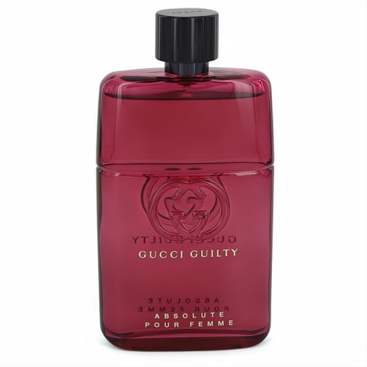 Elegant Gucci Guilty Absolute 3 oz women's fragrance tester. Rich red glass bottle, black cap, and signature gold logo.