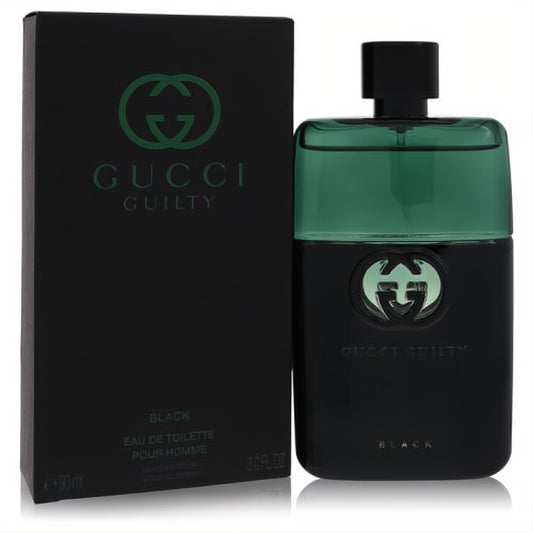 Gucci Guilty Black 3 oz EDT for men. Bold black bottle, vibrant green liquid, iconic interlocking G logo, and matching sleek box.