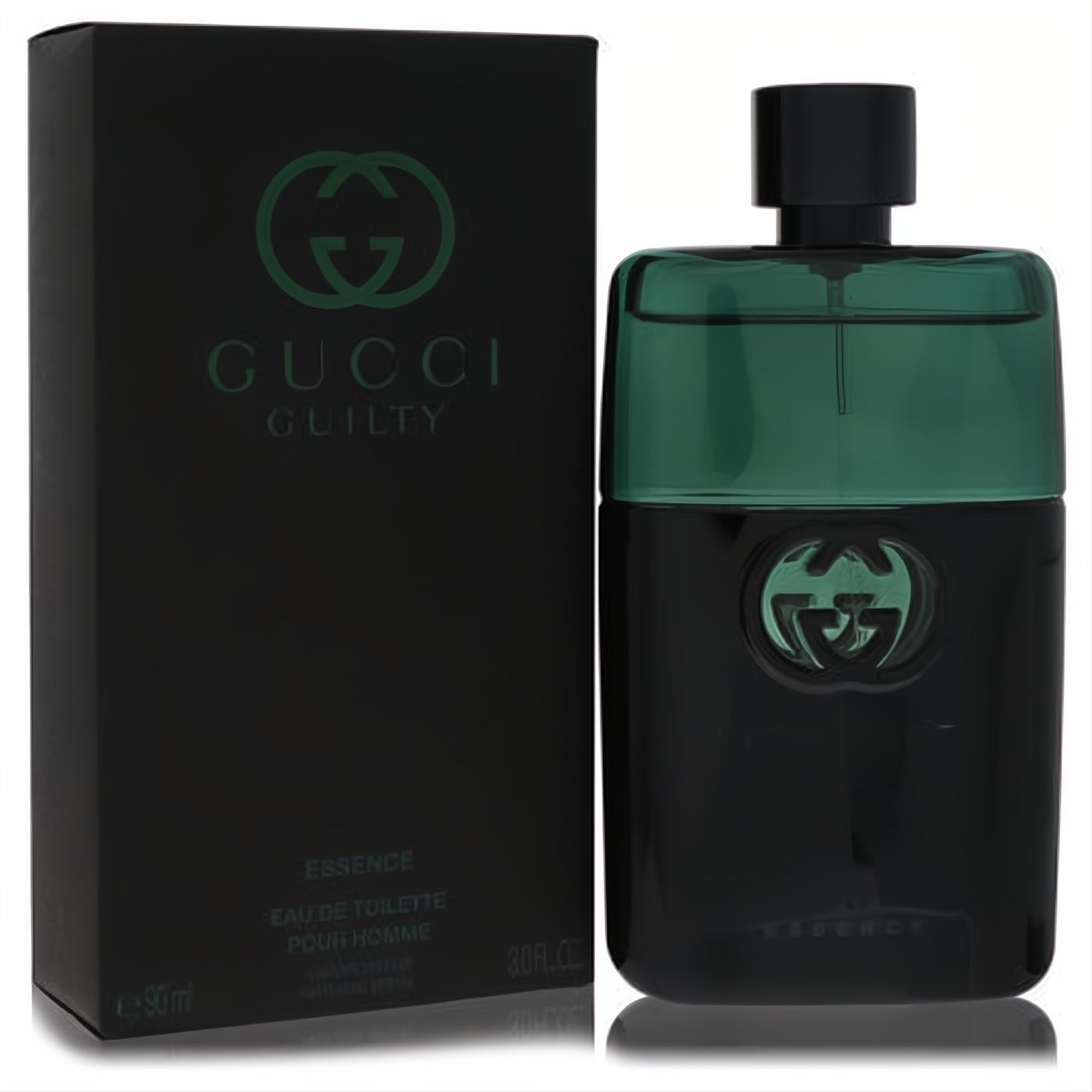 Gucci Guilty Essence 3 oz men's EDT. Sleek black bottle with a bold green cap and iconic interlocking G logo.