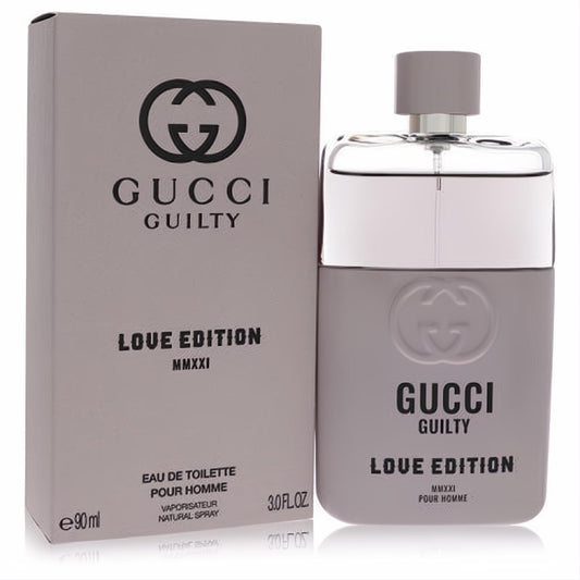 Gucci Guilty Love Edition MMXXI 3 oz men's EDT. Sleek matte grey bottle with silver cap and elegant matching box.
