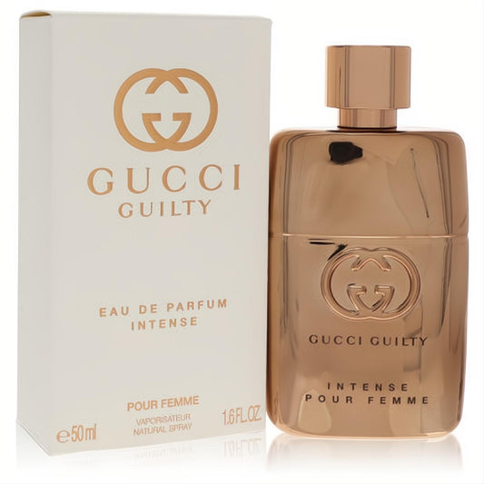Luxurious Gucci Guilty Pour Femme Intense 1.6 oz EDP in a sleek rose gold metallic bottle with iconic GG logo.