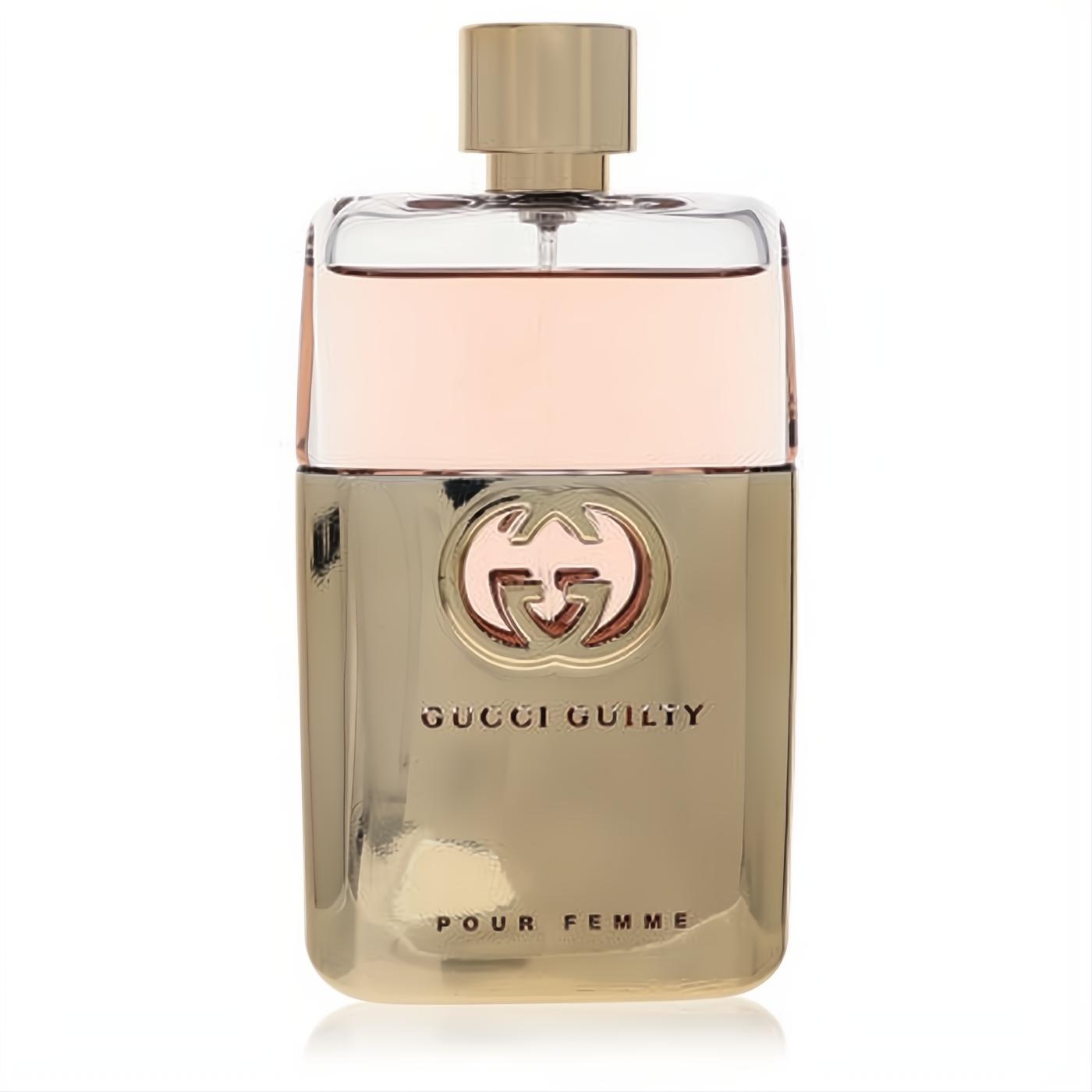 Radiant Gucci Guilty Pour Femme 3 oz EDP in a luxurious gold and clear glass bottle with iconic GG logo.