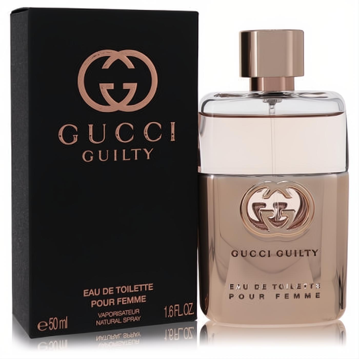 Gucci Guilty Pour Femme 1.6 oz EDT: a sophisticated rose gold bottle and elegant black box, embodying modern luxury.