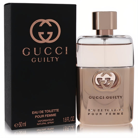 Gucci Guilty Pour Femme 1.6 oz EDT: a sophisticated rose gold bottle and elegant black box, embodying modern luxury.