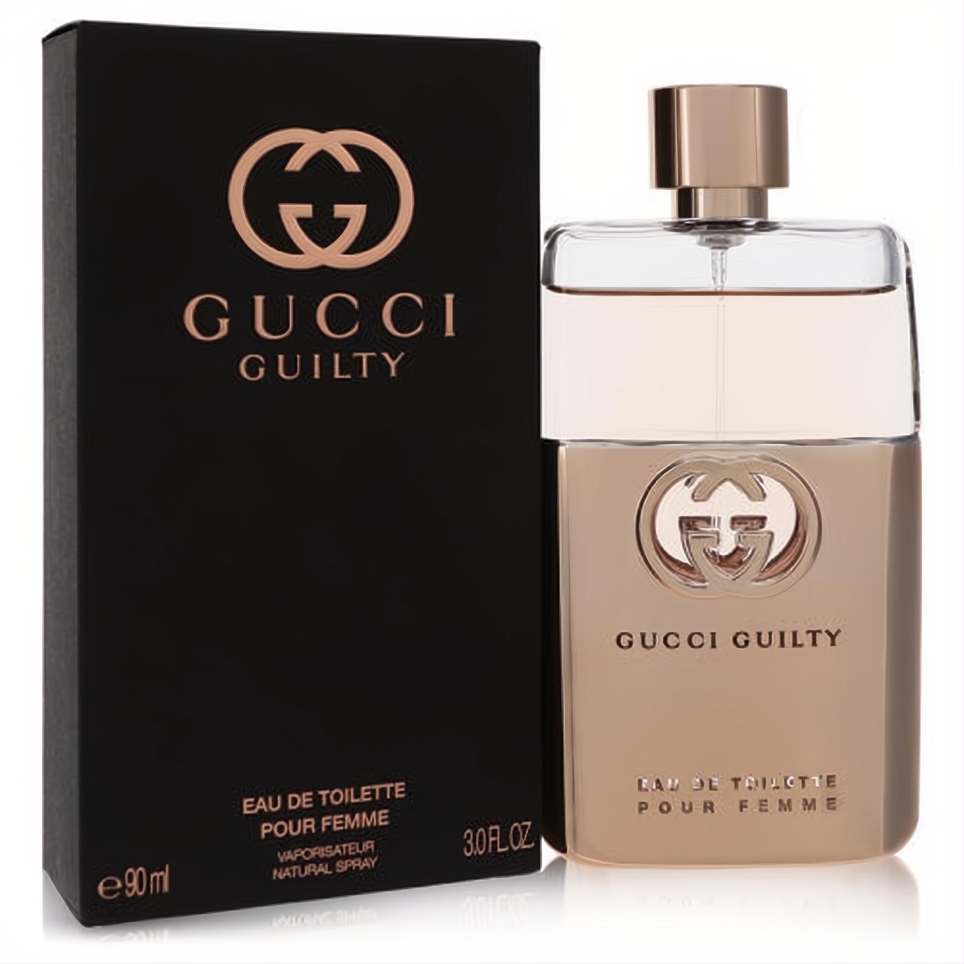 Elegant Gucci Guilty Pour Femme 3 oz EDT spray. Features a chic rose gold and clear glass bottle with iconic GG logo, beside its black box.