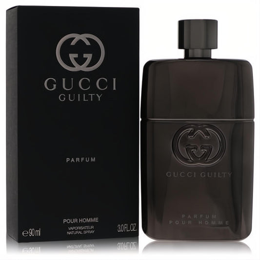 Elegant Gucci Guilty Pour Homme 3 oz Parfum spray. Sleek black bottle with embossed logo and matching luxury box.