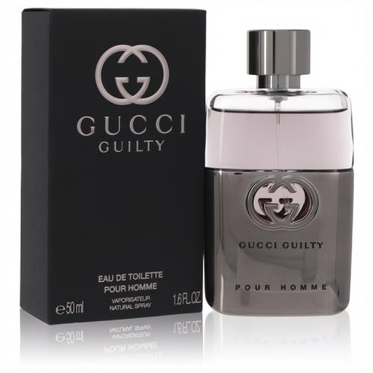 Gucci Guilty Pour Homme 1.7 oz EDT spray, featuring a sleek metallic grey bottle with the iconic GG logo, next to its elegant black box.