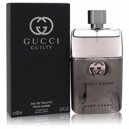Gucci Guilty Pour Homme 3 oz EDT. Sophisticated gunmetal bottle, silver logo, and matte black box.