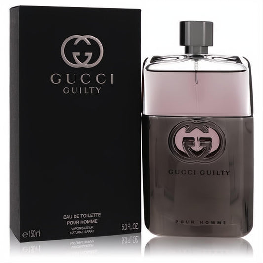 Gucci Guilty Pour Homme 5 oz EDT for men. Sleek dark grey glass bottle with metallic cap and iconic GG logo.