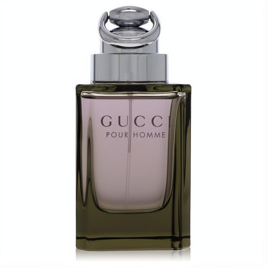 Gucci Pour Homme 3 oz EDT tester. Sleek dark glass bottle with a distinctive silver loop cap.