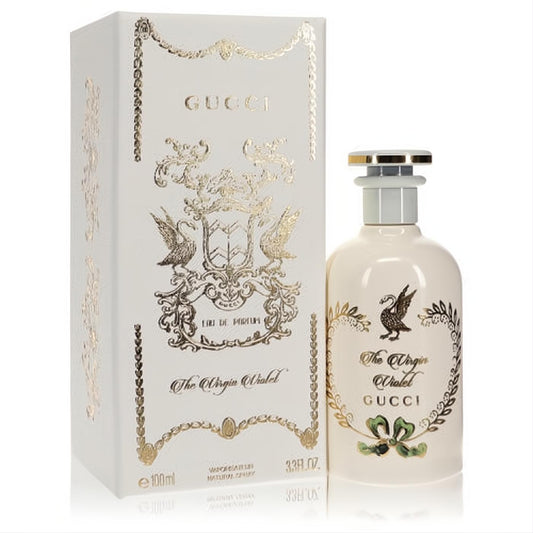 Gucci The Virgin Violet 3.3oz Eau De Parfum. Elegant cream bottle with black swan, green bow, and ornate gold-detailed box.