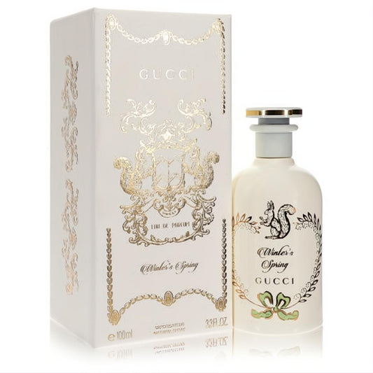 Luxurious Gucci Winter's Spring 3.3 oz EDP. Cream bottle with gold squirrel, green accents, and ornate matching box.