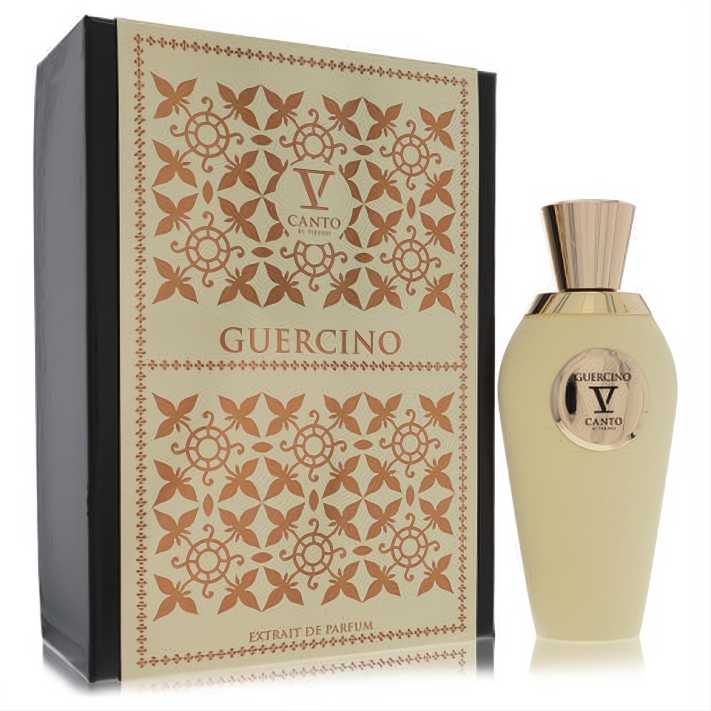 Guercino by V Canto 3.4 oz unisex extrait de parfum. Elegant cream bottle, gold cap, and a luxurious gold-patterned box.