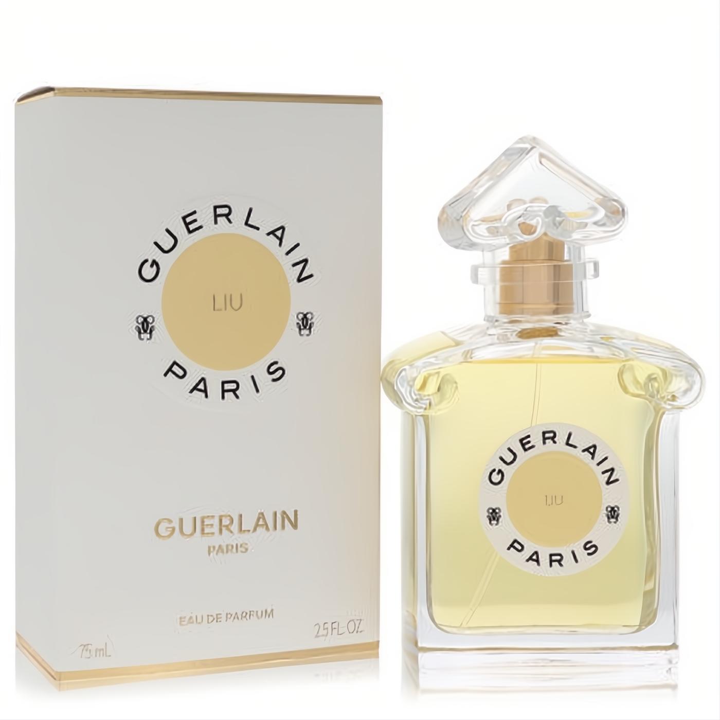 Guerlain Liu 2.5 oz Eau De Parfum spray. Elegant clear glass bottle with gold accents, ornate cap, and matching white & gold box.
